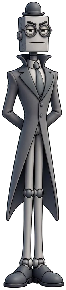 Sir Grimsley Drab, robot abu-abu tinggi berkacamata bundar dengan mulut lurus, tangan di belakang punggung.