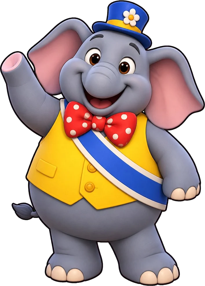 Mayor Wobblesworth, gajah gemuk berdasi kupu-kupu merah, melambaikan belalai.